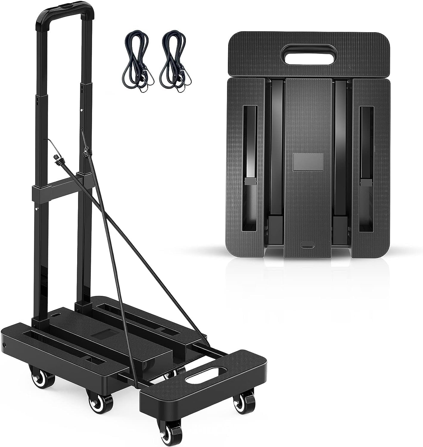 Folding Hand Truck, Small Trolley Portable 500 LB Capacity, Fold Up Hand Cart with 6 Wheels & Edge Base, Collapsible Platform Truck for Moving, Office & Shopping, Midnight