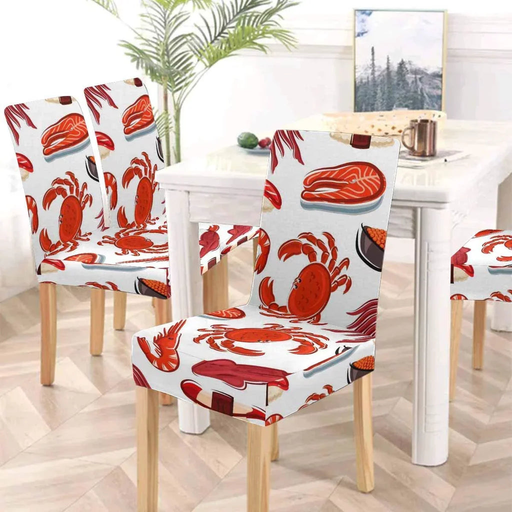 FMSHPON Salmon Steaks Shrimps Crabs Squids Sushi Stretch Chair Cover Protector Seat Slipcover for Dining Room Hotel Wedding Party Set of 4