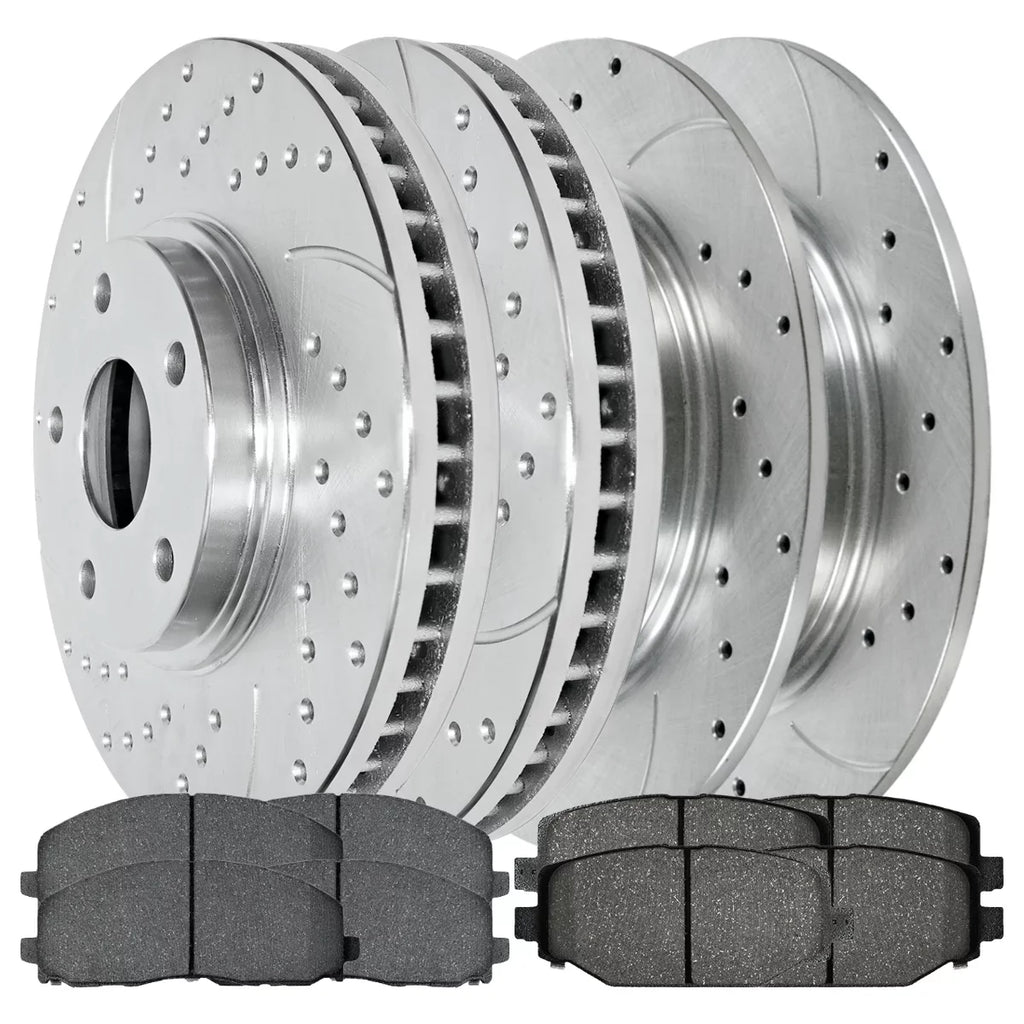 AutoShack Front and Rear Drilled Slotted Brake Rotors Silver and Ceramic Pads Kit Gentlemen for VW Routan 2012-2020 Dodge Grand Caravan Journey 2012-2016 Chrysler Town & Country 2013-2015 Ram C/V V6
