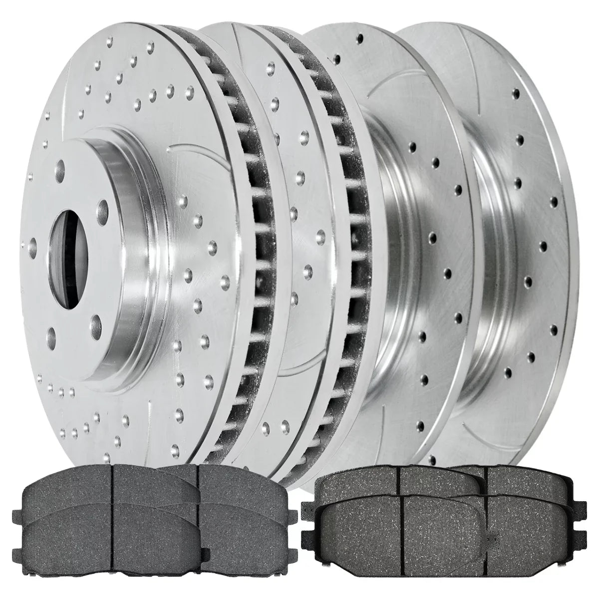AutoShack Front and Rear Drilled Slotted Brake Rotors Silver and Ceramic Pads Kit Gentlemen for VW Routan 2012-2020 Dodge Grand Caravan Journey 2012-2016 Chrysler Town & Country 2013-2015 Ram C/V V6