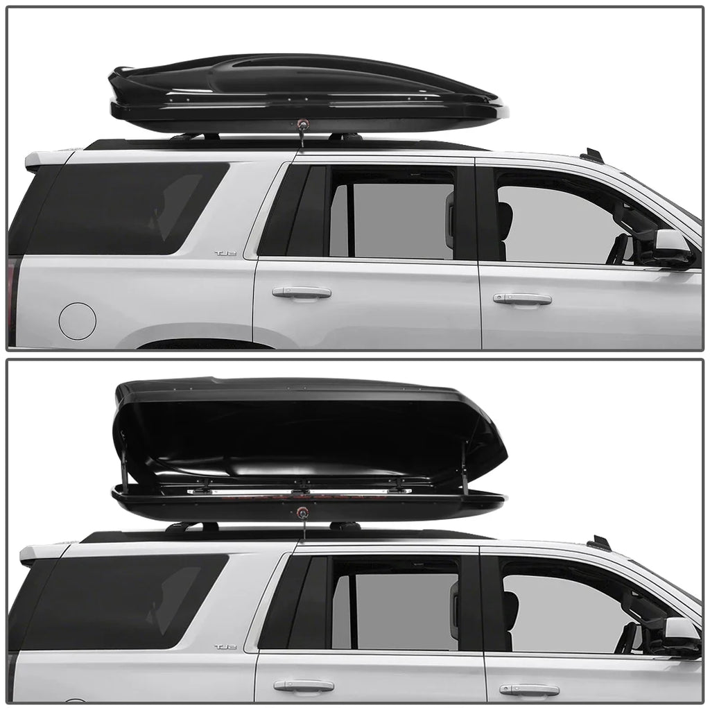 DNA Motoring PT-ZTL-8128-BK For 2015 to 2019 Chevy Suburban Tahoe GMC Yukon XL Cadillac Escalade ESV Roof Top Aluminum Side Rail Cross Bar + Dual Side Opening Storage Cargo Box w/ Keys 16 17 18