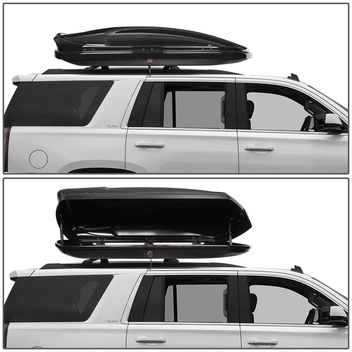DNA Motoring PT-ZTL-8128-BK For 2015 to 2019 Chevy Suburban Tahoe GMC Yukon XL Cadillac Escalade ESV Roof Top Aluminum Side Rail Cross Bar + Dual Side Opening Storage Cargo Box w/ Keys 16 17 18