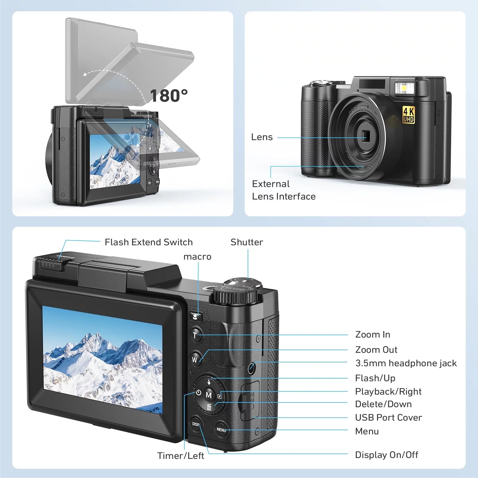MARVUE Digital Camera 4K Vlogging Camera for YouTube 48MP 16X Digital Zoom with Macro Function & Liftable Flash, Photography Camera 3’’ 180°Flip Screen