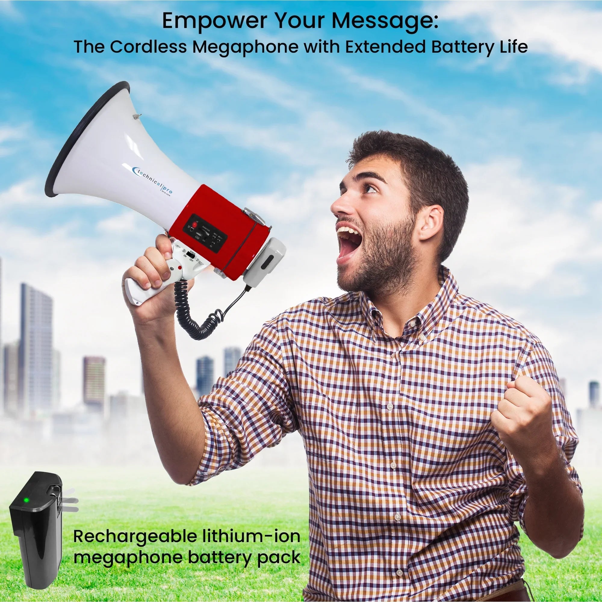 Technical Pro Rechargeable Portable 75-Watt Red Megaphone Bullhorn Speaker w/ Detachable Microphone w/ Battery, a Built-In AC Wall Charger, Good for Trainers, Soccer, Coaches, Cheer Leaders