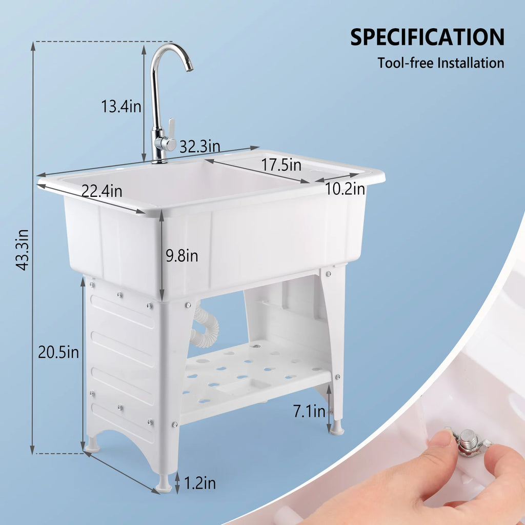 Spacious White Utility Sink Laundry Tub Freestanding Wash Station W/ Shelf, Removable Drainboard, Stainless Steel Faucet