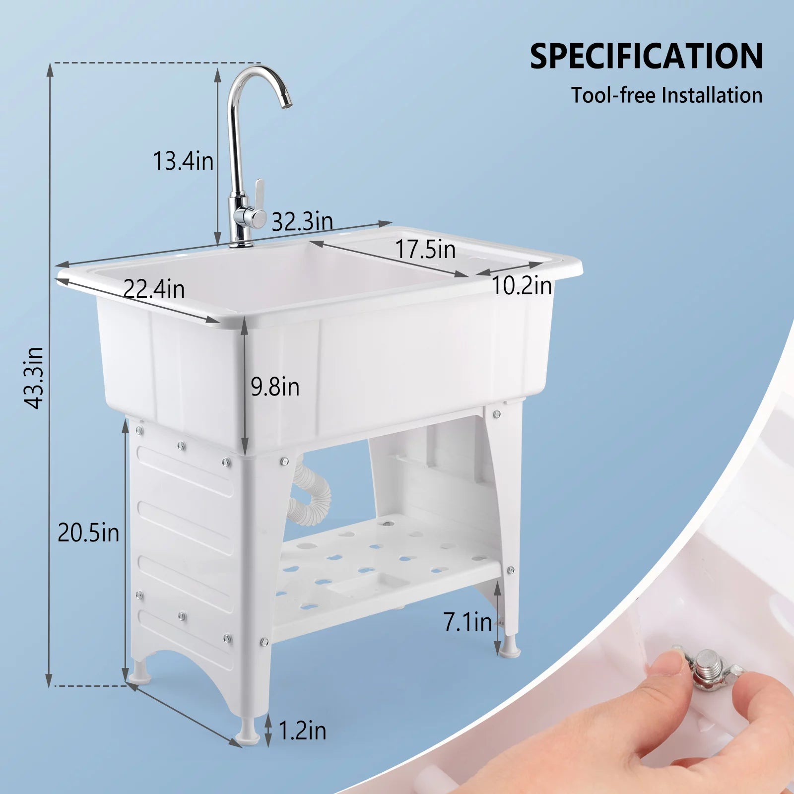 Spacious White Utility Sink Laundry Tub Freestanding Wash Station W/ Shelf, Removable Drainboard, Stainless Steel Faucet