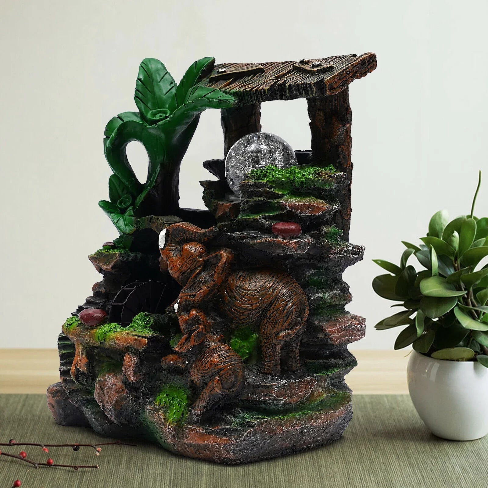 Tabletop Water Fountain with LED Rolling Ball Feng Shui Waterfall Fountain Home Indoor Water Fountain LED Light Tabletop Resin Rockery Fengshui Waterfall Decor