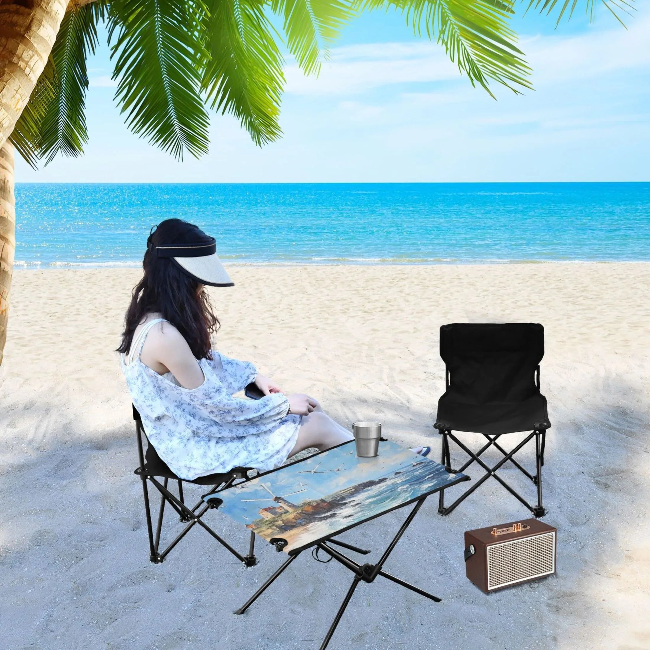 Landscape Paint Camping Foldable Portable Table Beach Table with Storage Bag Compact Picnic Table for Outdoor Hiking Fishing BBQ