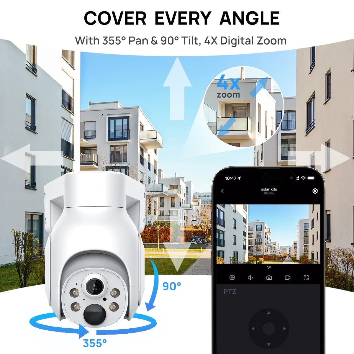VIKVIZ 4MP Battery WiFi PTZ IP Camera Wireless 2K with Solar Panel Smart Hybrid Light Outdoor