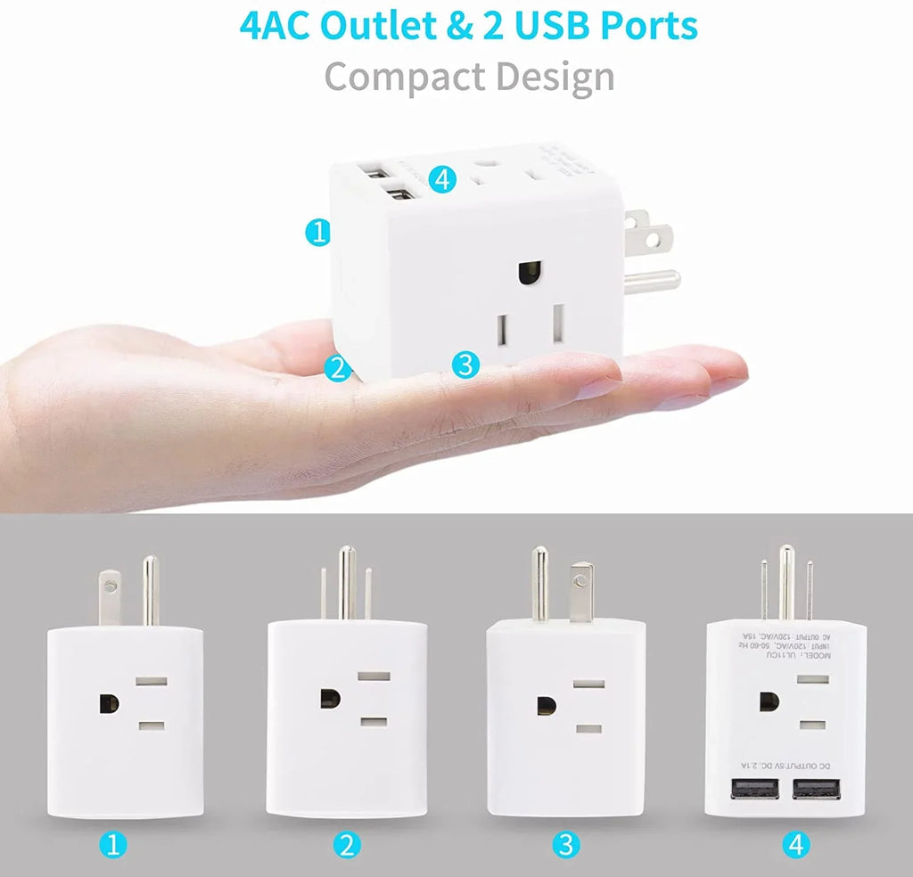 Multi Plug Outlet Termination with 2 USB and 4 AC Sockets, Wonplug Right Angle Plug Adapter Splitter 3 Prong Adapter Wide Spaced Cube Wall Charger for USA Home Office Cruise Ship Travel,White