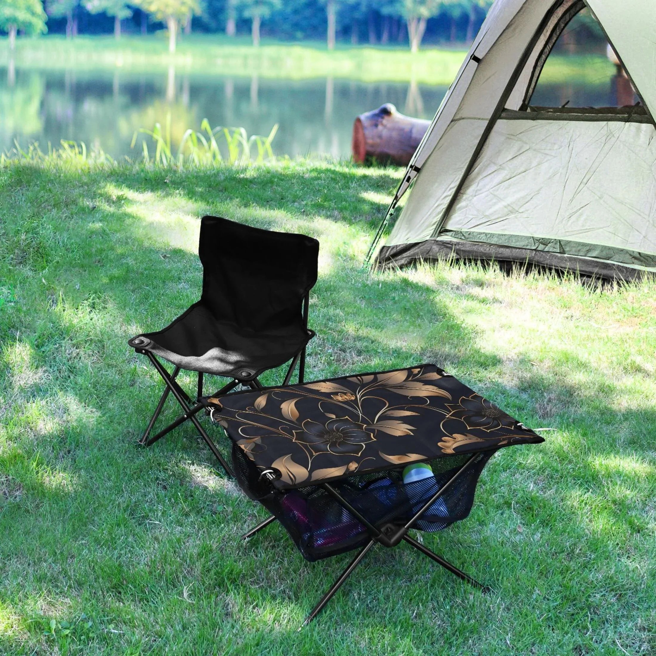 Flower on Midnight Camping Folding Table Portable Beach Table with Storage Bag Compact Picnic Table for Outdoor Travel Fishing BBQ