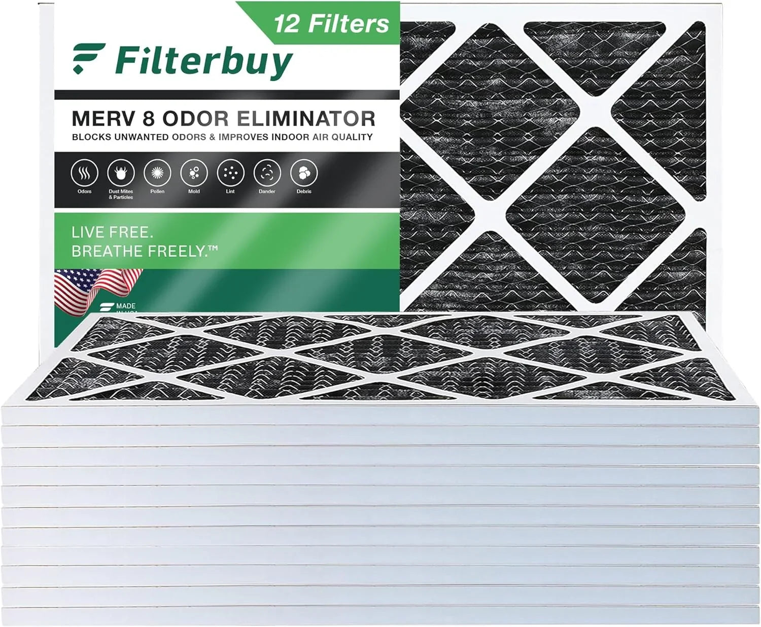 Filterbuy 17x25x1 MERV 8 Odor Eliminator Pleated HVAC AC Furnace Air Filters with Activated Carbon (12-Pack)