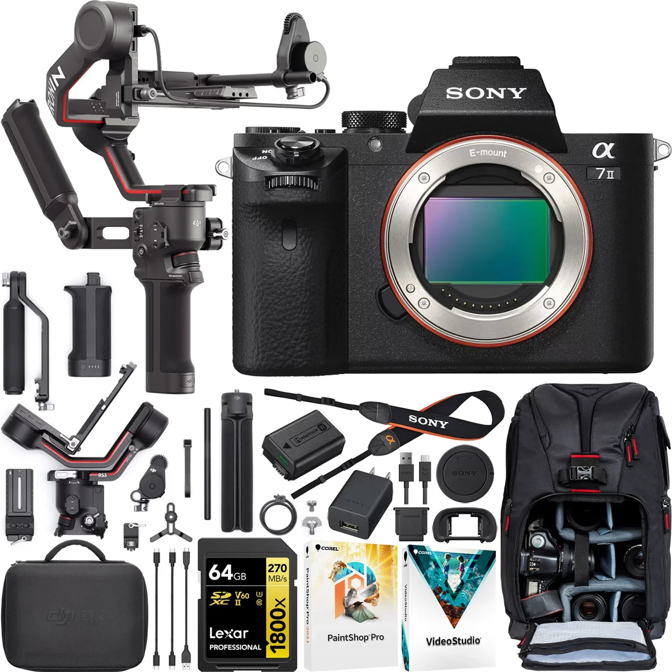 Sony a7 II Full Frame Mirrorless Camera Body ILCE-7M2/B Filmmaker's Bundle Including DJI RS 3 Combo Gimbal Stabilizer Kit + Deco Gear Photography Backpack + 64GB High Speed Card & Software