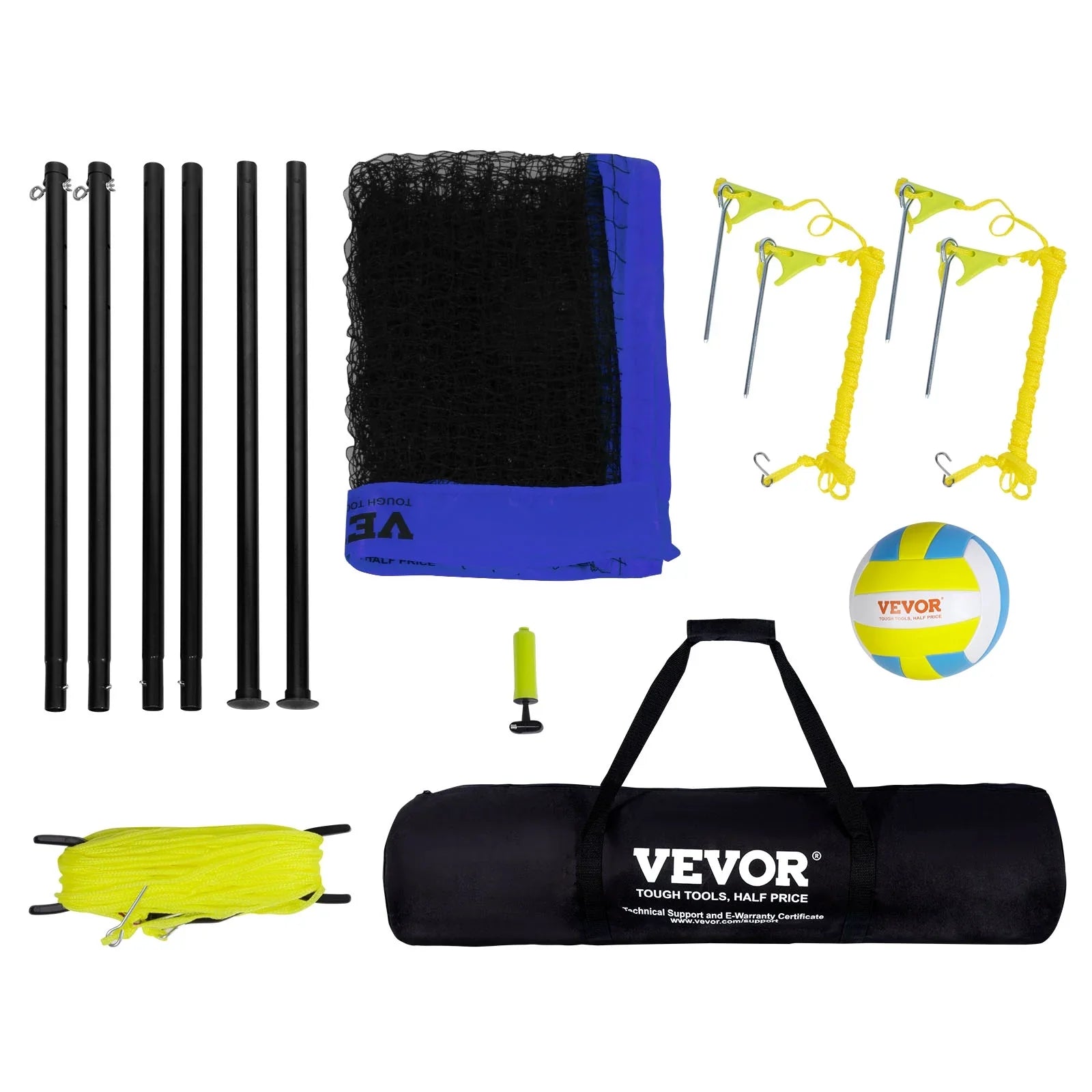 BENTISM 32ft x 3ft Portable Volleyball Net System Adjustable Height Poles with PVC Volleyball, Carrying Bag, Boundary Lines, Steel Poles & Pump for Outdoor Sports