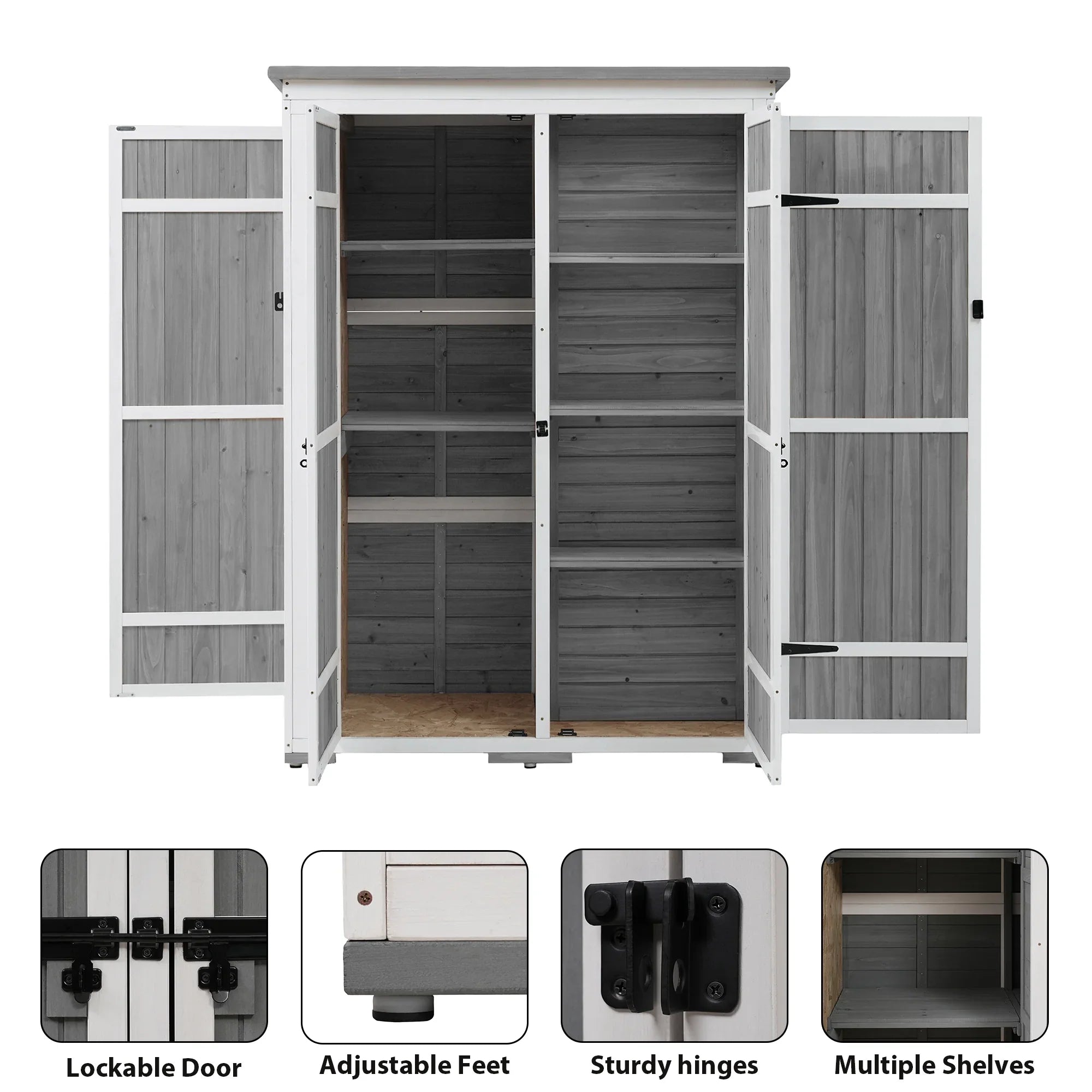 Homiyad Outdoor 5.5ft Hx4.1ft L Wood Storage Shed, Garden Tool Cabinet with Waterproof Asphalt Roof, Four Lockable Doors, Multiple-Tier Shelves, White and Gray
