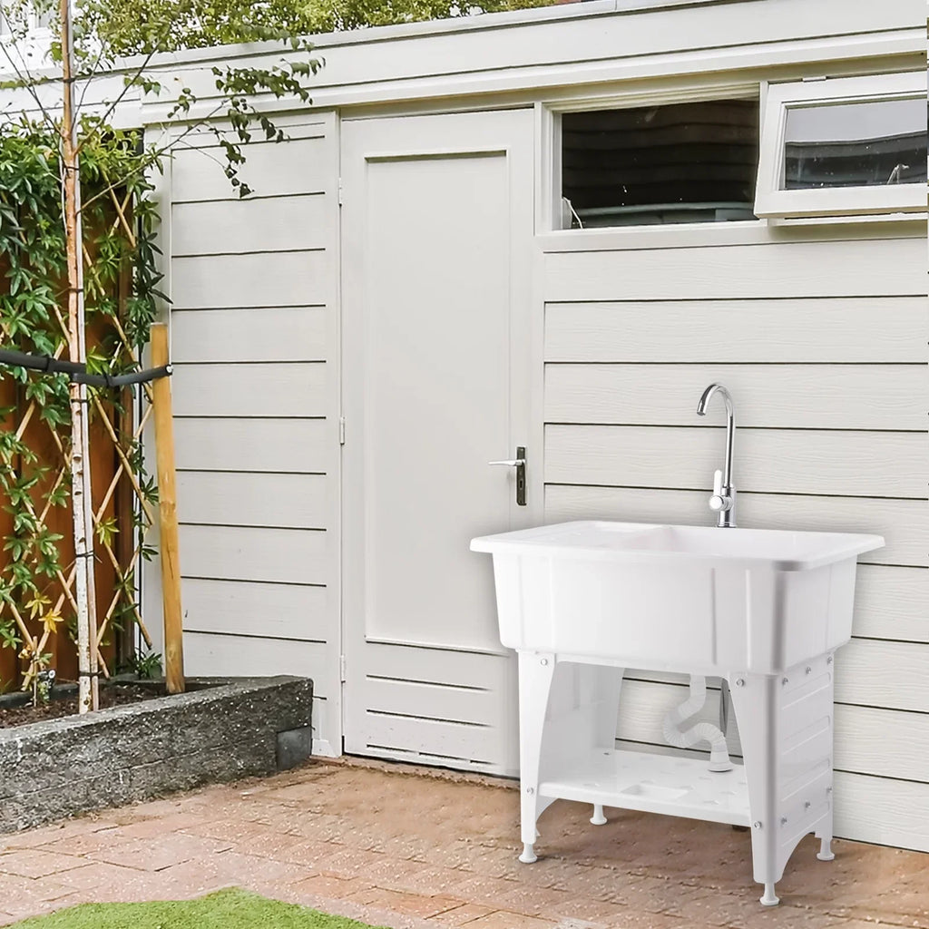 Spacious White Utility Sink Laundry Tub Freestanding Wash Station W/ Shelf, Removable Drainboard, Stainless Steel Faucet