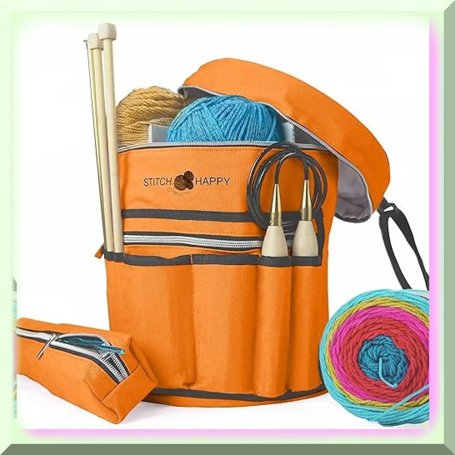 Orange Blossom Knit & Crochet Tote: 7 Pocket Yarn Bag, Craft Storage Solution