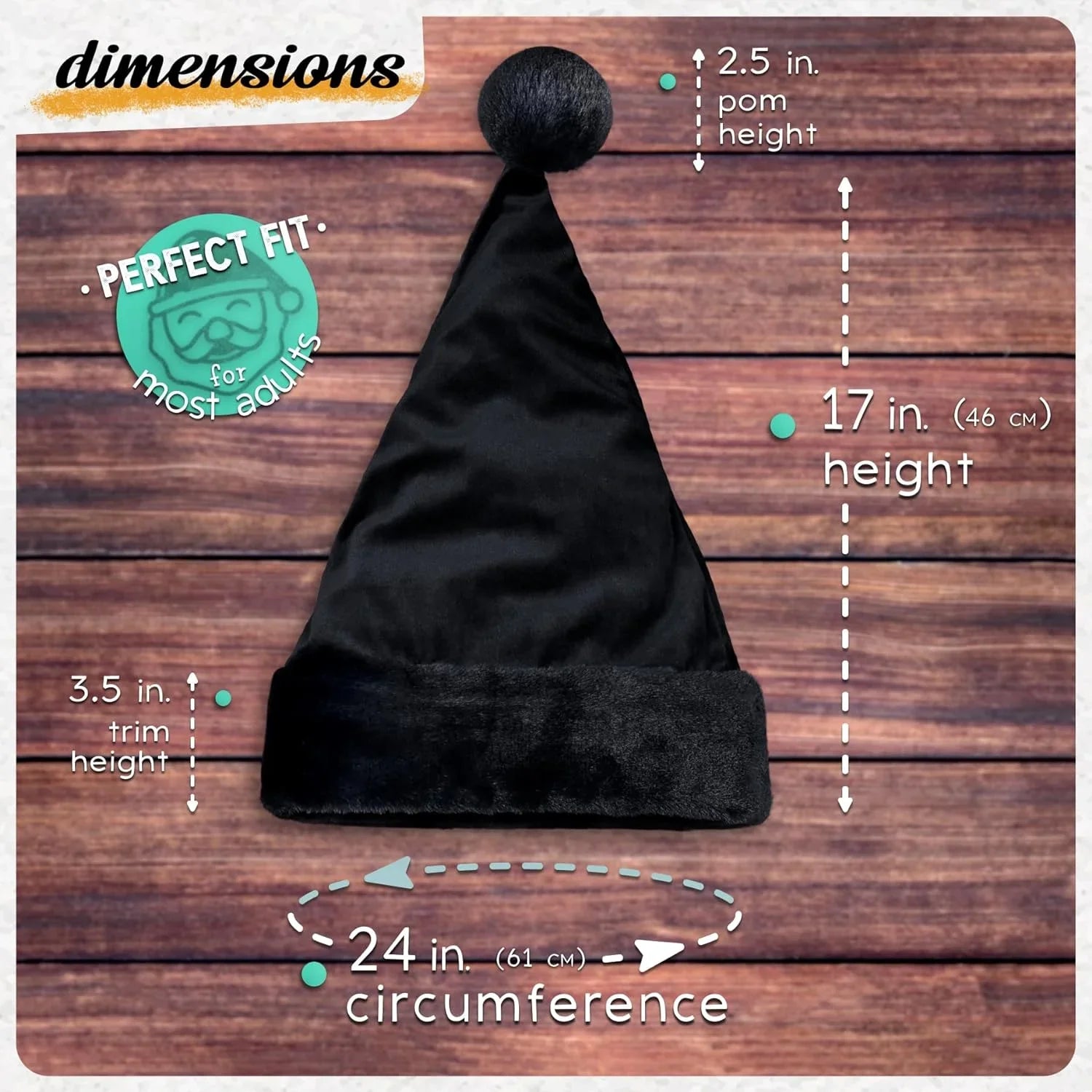 All Ebony Santa Hat - Faux Fur Midnight Trim - Gothic Xmas Accessory, Goth Christmas Hat - Adult, 1 Size