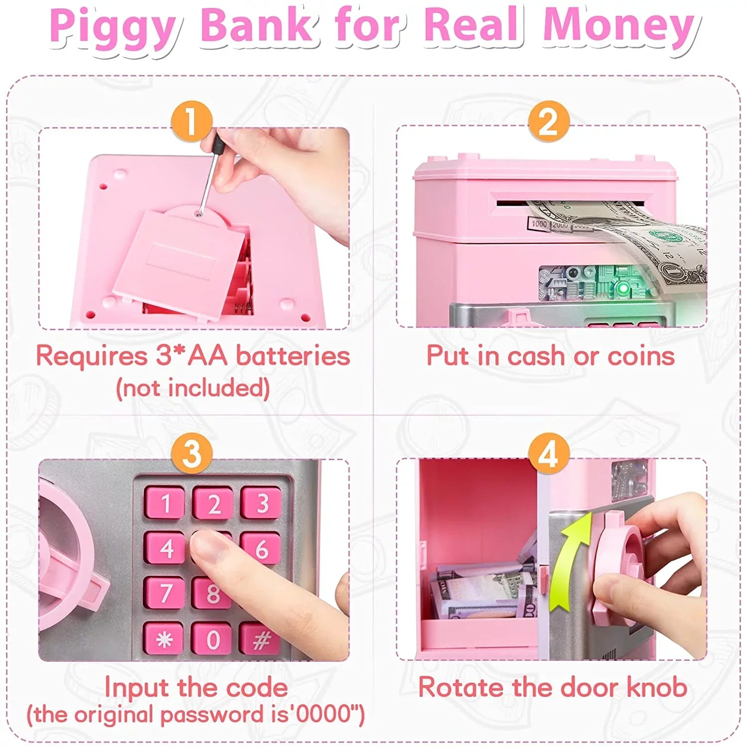Mini ATM Savings Piggy Bank Toy Real Money Savings Kids Girls Boys Adult Electronic ATM Machine Coin Bank Money Saving Digital Password Cash Safe Box Gifts for Kids (Pink/Silver)