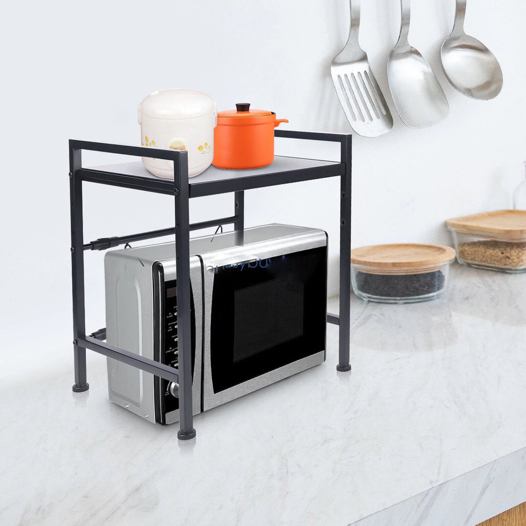 14.5~22.8 inch Microwave Oven Rack, Single Tier Countertop Microwave Oven Rack, Metal Shelf Kitchen Gentlemen Storage Cabinet Stand, Expandable Retractable Microwave Oven Rack