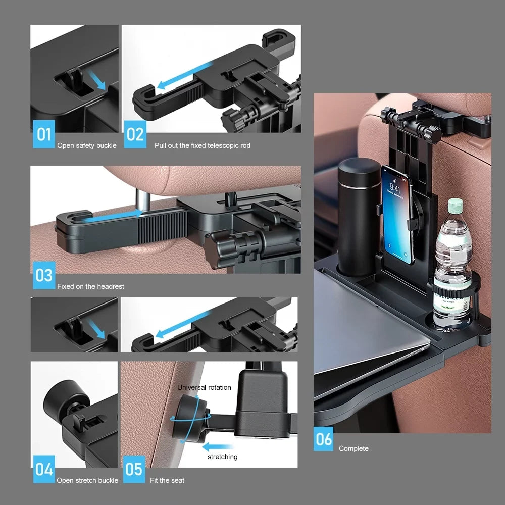 Aibecy Adjustable Car Seat Travel Table Multifunctional Foldable Car Back Seat Food Tray, Car Table with Phone Holder for Working, Writing, Eating Ebony