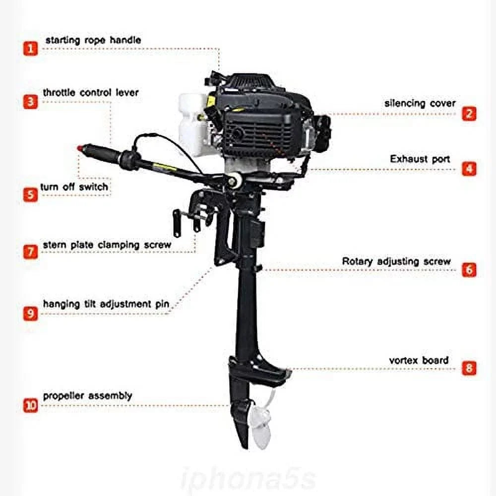 Miumaeov Outboard Trolling Motor 3.6HP 2 Stroke Inflatable Shaft Fishing Boat Engine Propeller CDI Control Air Cooling System Heavy Duty Tiller Shaft