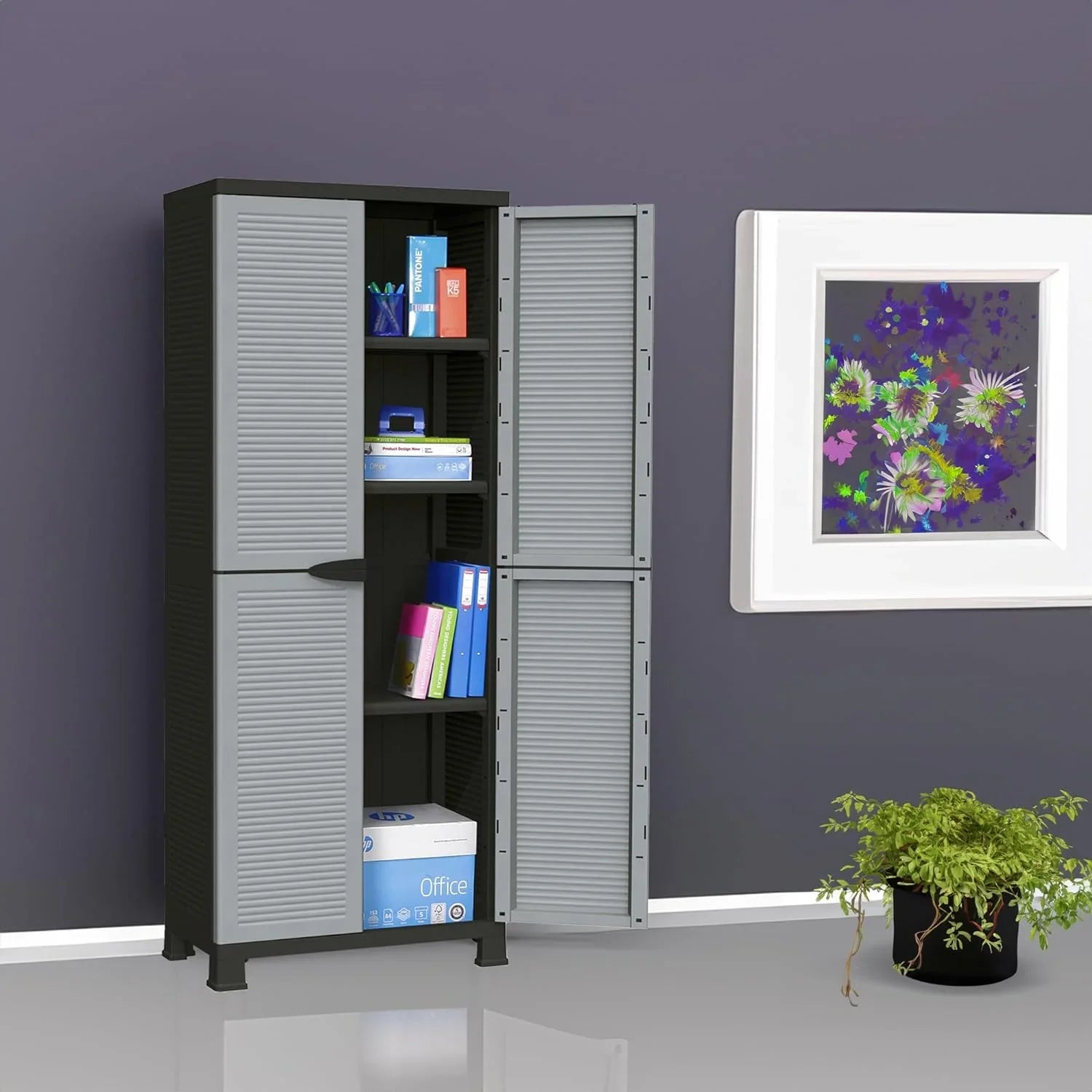Prestige Utility Adjustable 3 Shelf Tool Organizing Storage Cabinet With Lockable Double Doors For Indoor And Outdoor Use, Gray