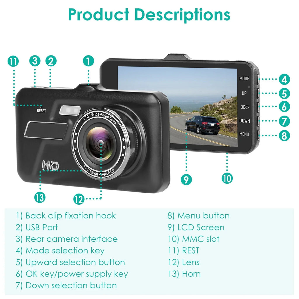 Front and Rear 1080P Dashcams for Cars iMounTEK Dual Dash Cam with 4in Touch IPS Screen Car Camera Driving Recorder for Taxi