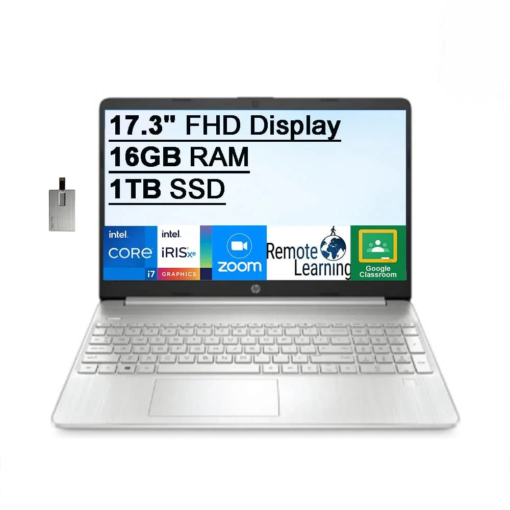 HP 2021 17.3" FHD IPS Laptop Computer, 11th Generation Intel Core i7-1165G7, 16GB RAM, 1TB PCIe SSD, Backlit Keyboard, Intel Iris Xe Graphics, HD Webcam, HD Audio, Windows OS, Silver, 32GB USB Card