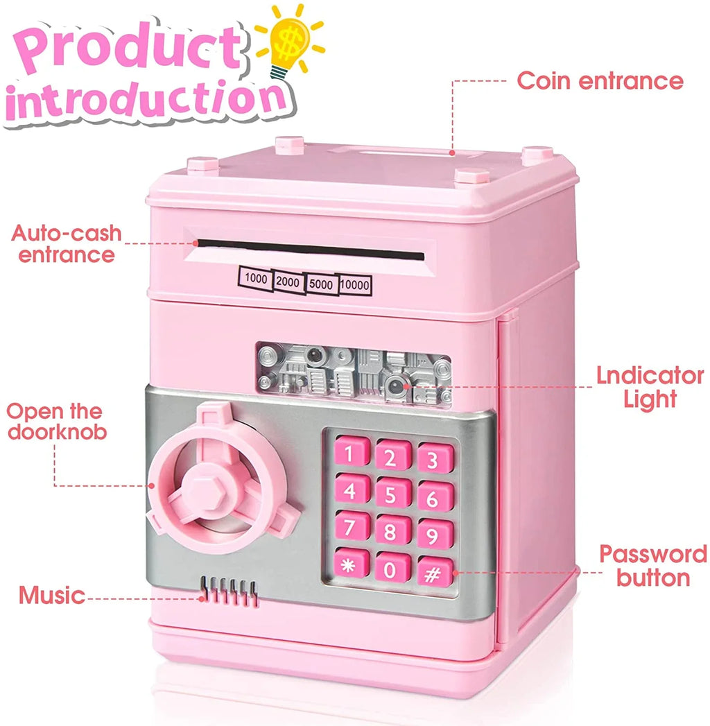 Mini ATM Savings Piggy Bank Toy Real Money Savings Kids Girls Boys Adult Electronic ATM Machine Coin Bank Money Saving Digital Password Cash Safe Box Gifts for Kids (Pink/Silver)