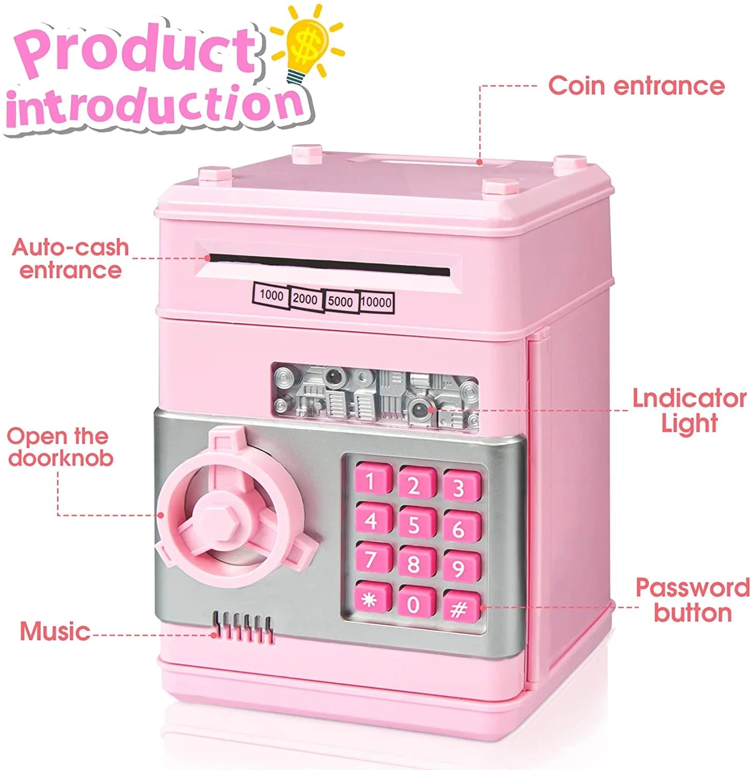 Mini ATM Savings Piggy Bank Toy Real Money Savings Kids Girls Boys Adult Electronic ATM Machine Coin Bank Money Saving Digital Password Cash Safe Box Gifts for Kids (Pink/Silver)