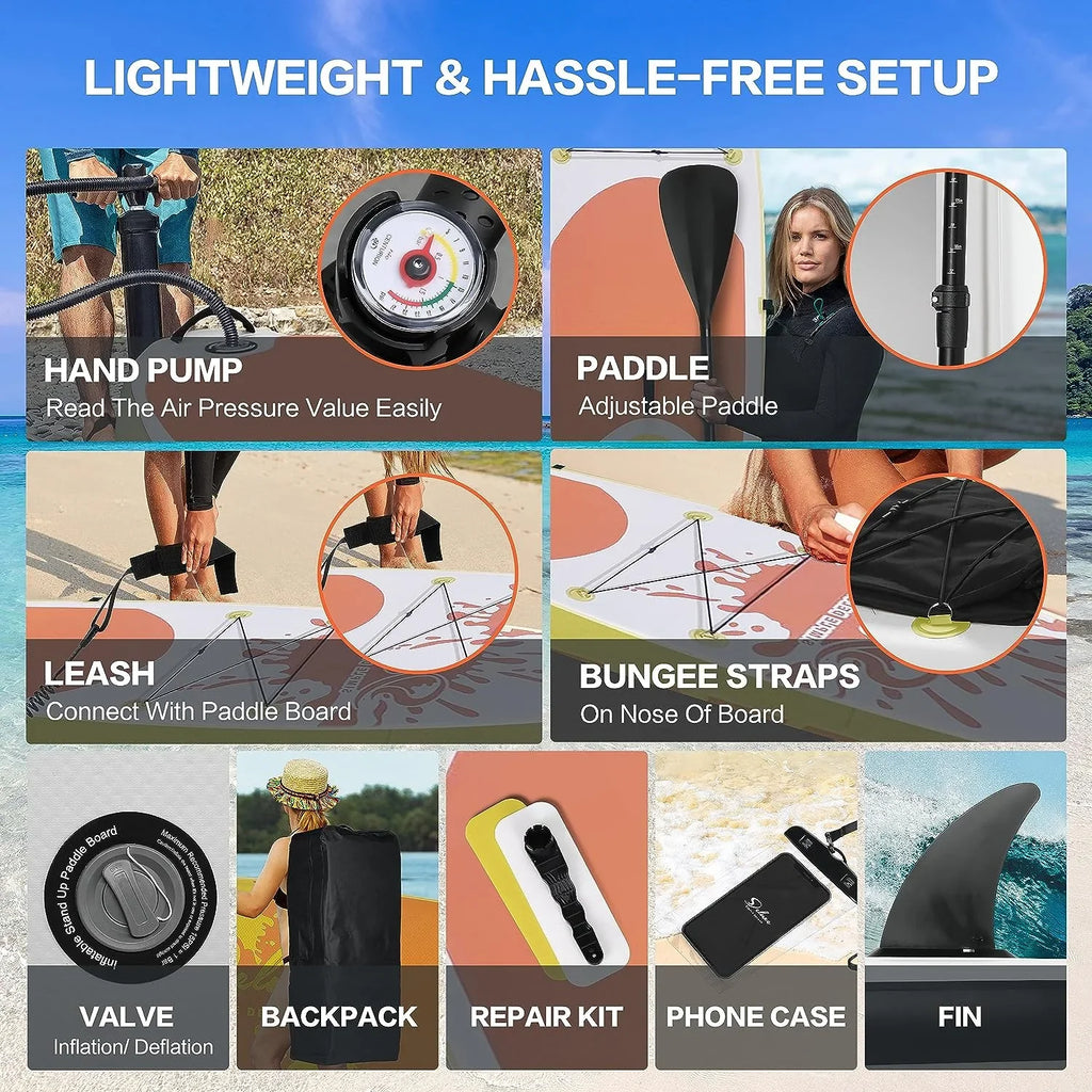KEHOMY Inflatable Stand Up Paddle Board Simple Deluxe Premium SUP for All Skill Levels, Orange for Adults & Youth, Blow Up with Accessories & Backpack, Surf Control