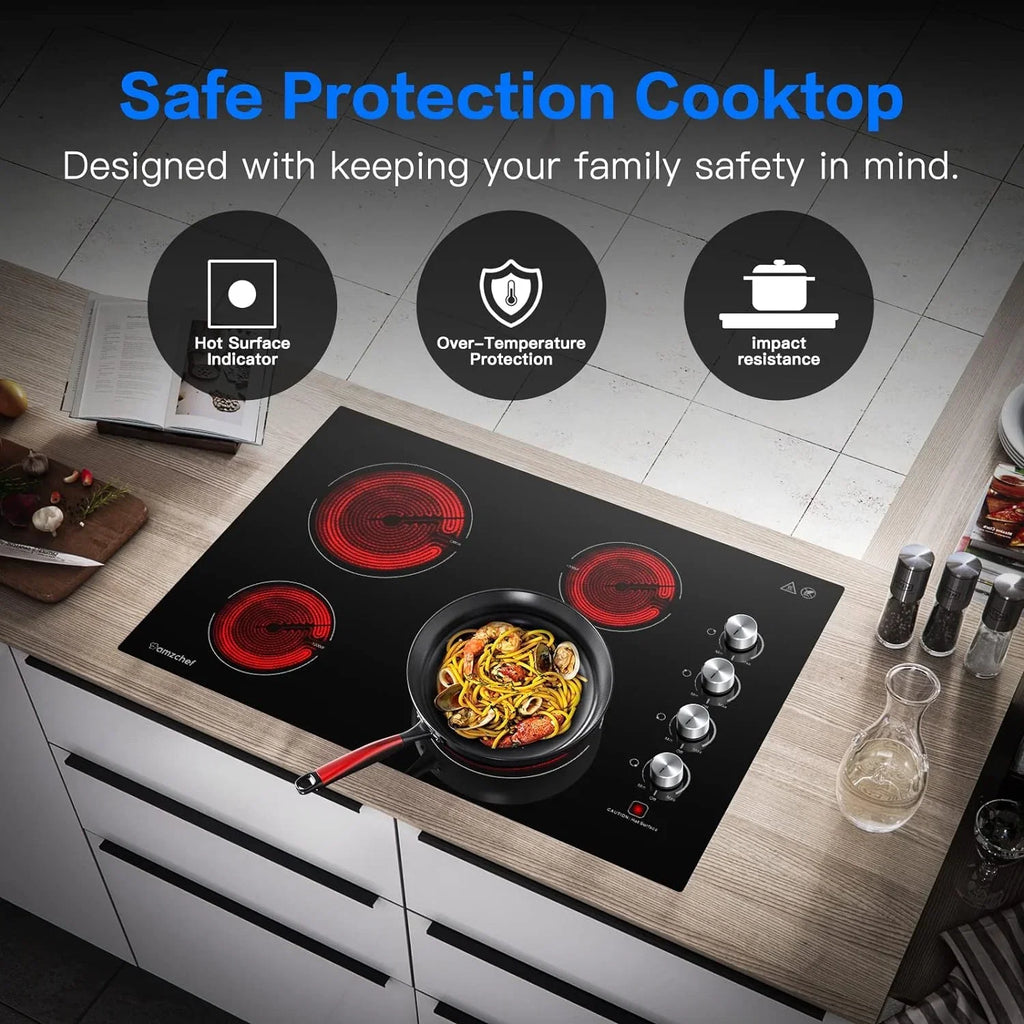 AMZCHEF 30 Inch Electric Cooktop Built-in Electric Burner with 4 Burners, ETL Safety Certified, 240V Power Control by Knob, 7000W Electric Stove with Hot Surface Indicator