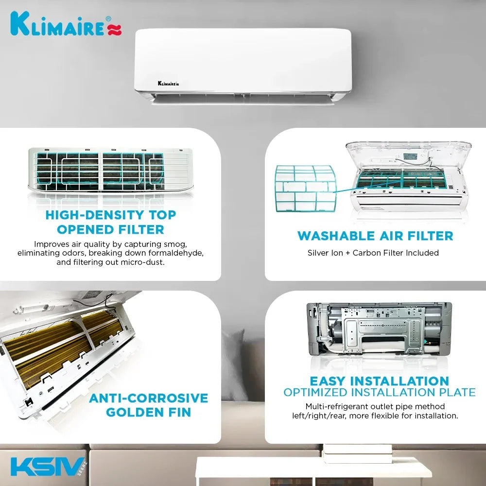 Klimaire 9,000 Btu 21.5 SEER2 Ductless Mini-Split Heat Pump Air Conditioner up to 400 sq. ft.