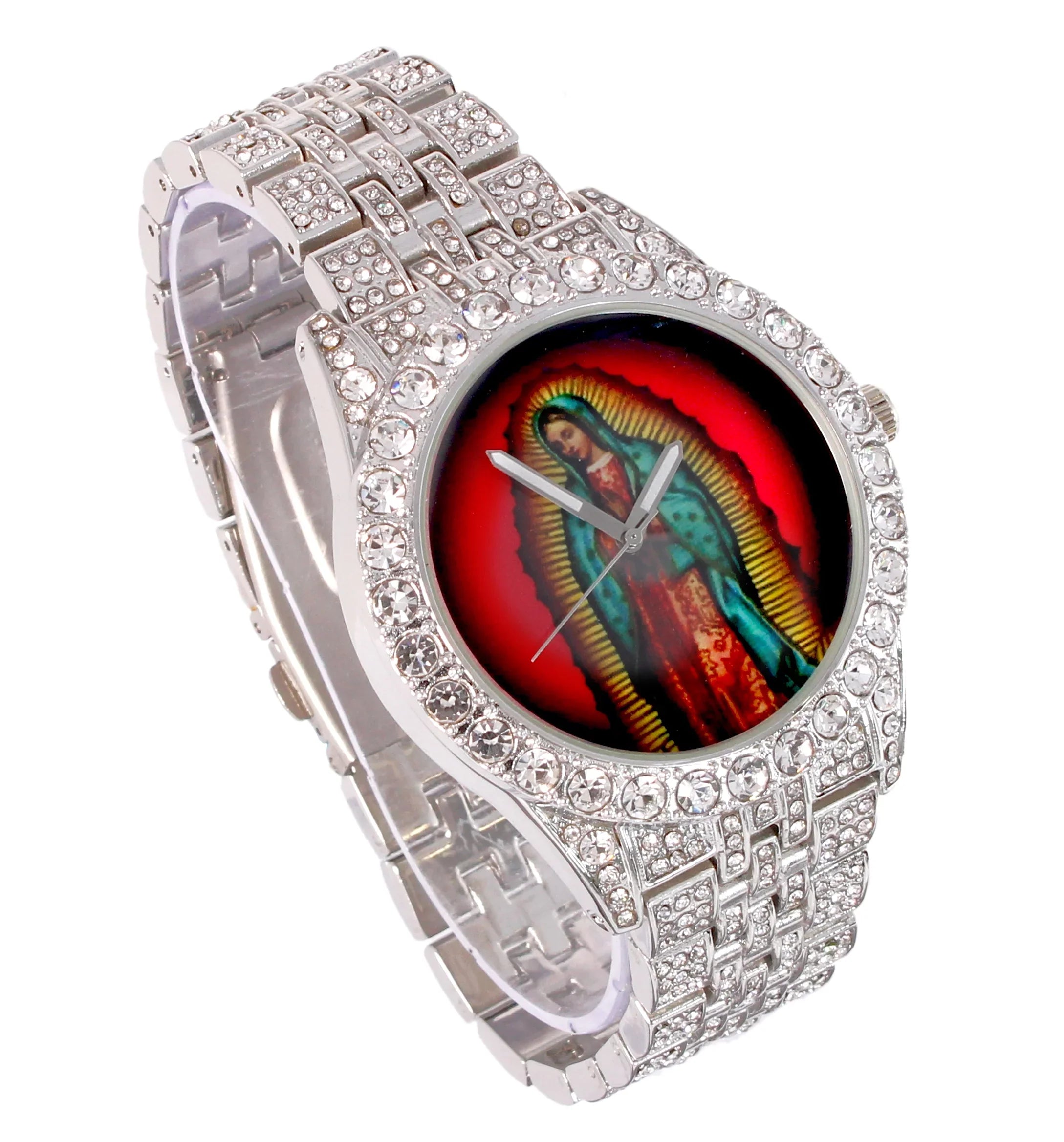 Charles Raymond The Virgin of Guadalupe Blessed Display - People Hip Hop Metal Iced Out Wristwatch - Blinged Out Big Rhinestones on Trim - ST10226 BGS Single (Silver ST10361A)
