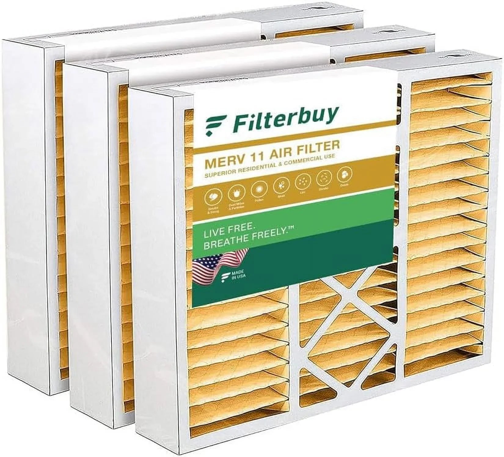 Filterbuy 16x20x5 MERV 11 Pleated HVAC AC Furnace Air Filters for Honeywell FC100A1003 (3-Pack)