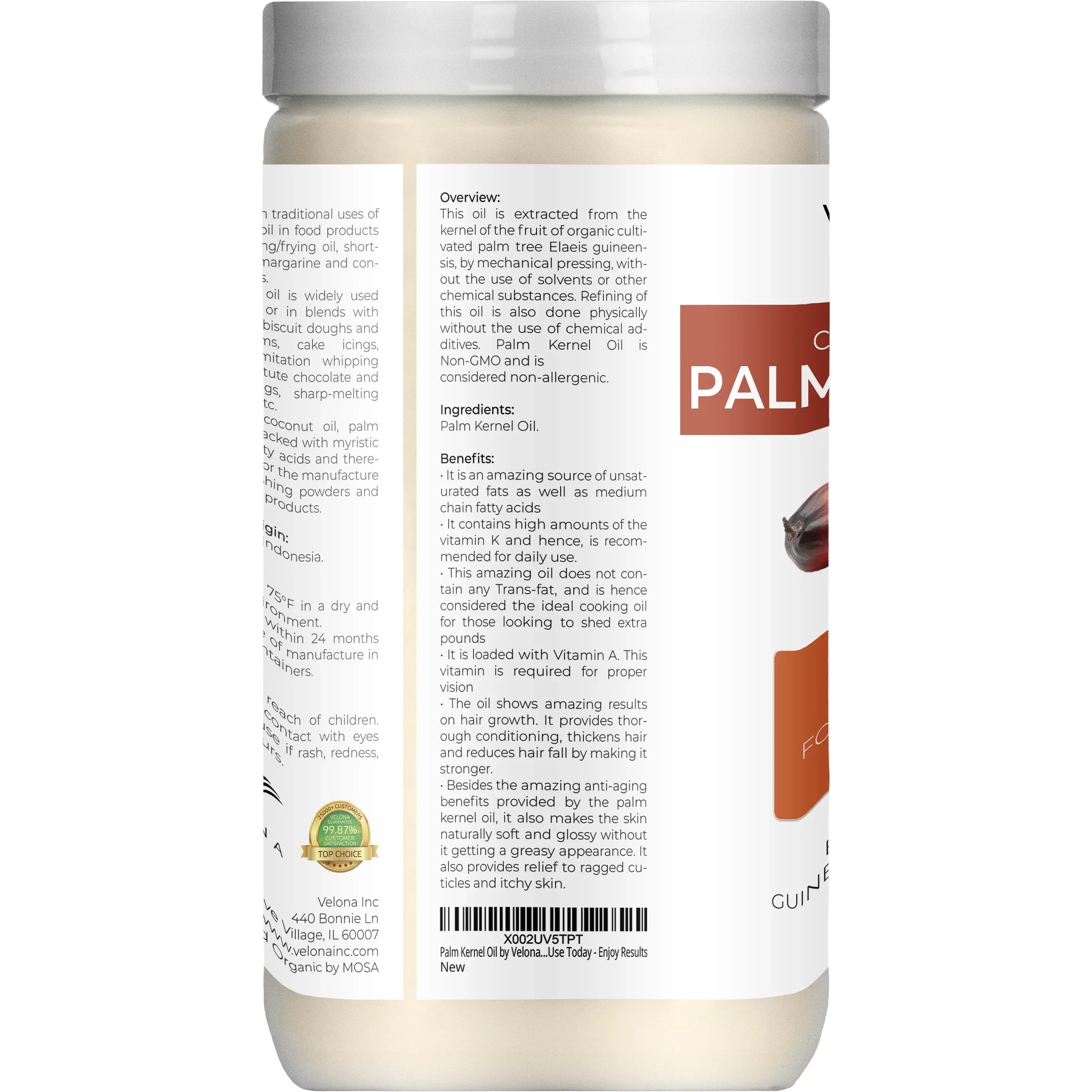 Velona USDA Certified Organic Palm Kernel Oil - 64 oz | 100% Pure and Natural Carrier Oil | Refined, Cold Pressed | Face, Hair, Body & Skin Care | Use Today - Enjoy Results