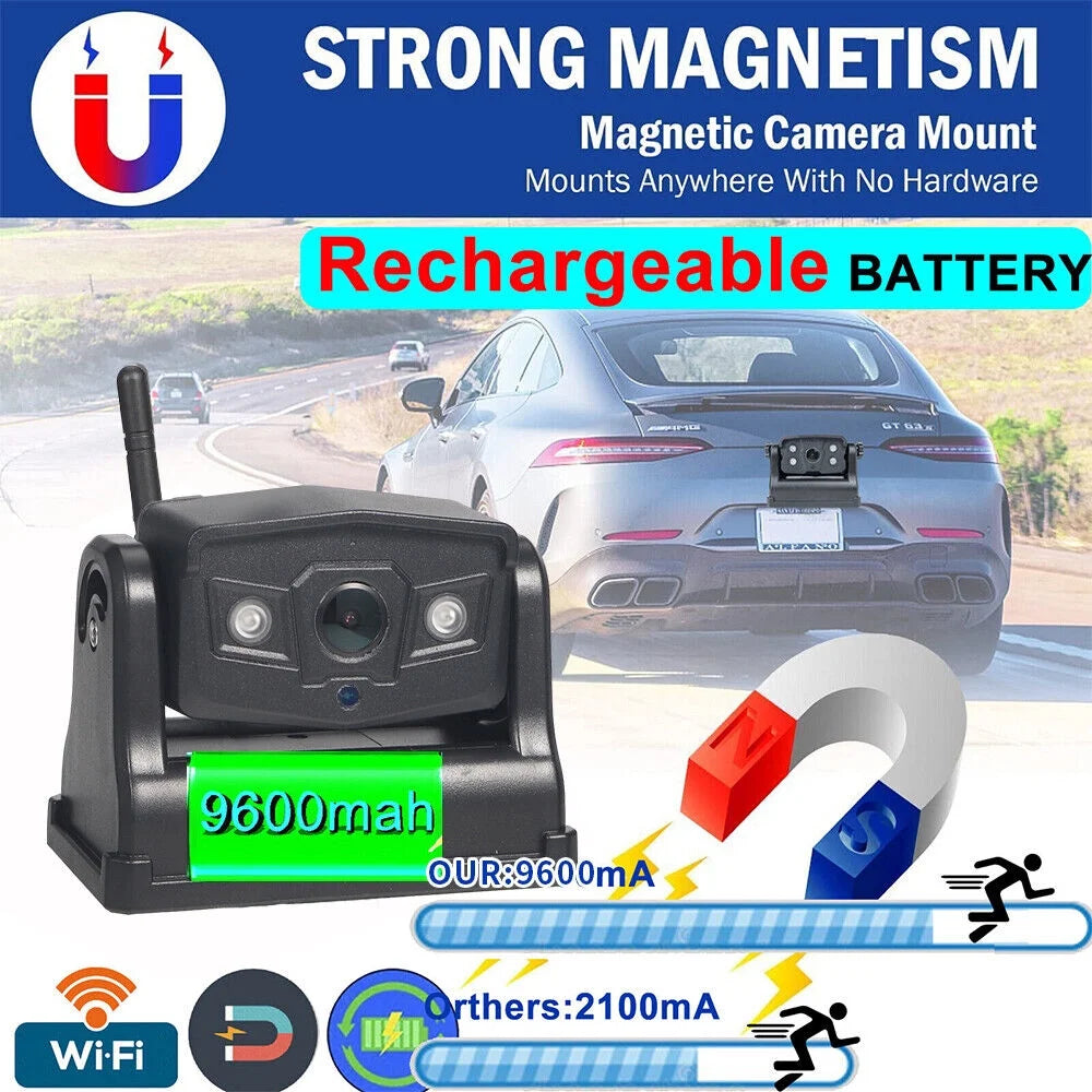 JLLOM Reliable Backup Camera, Magnetic WiFi Wireless, 9600mAh Battery, Front/Rear View