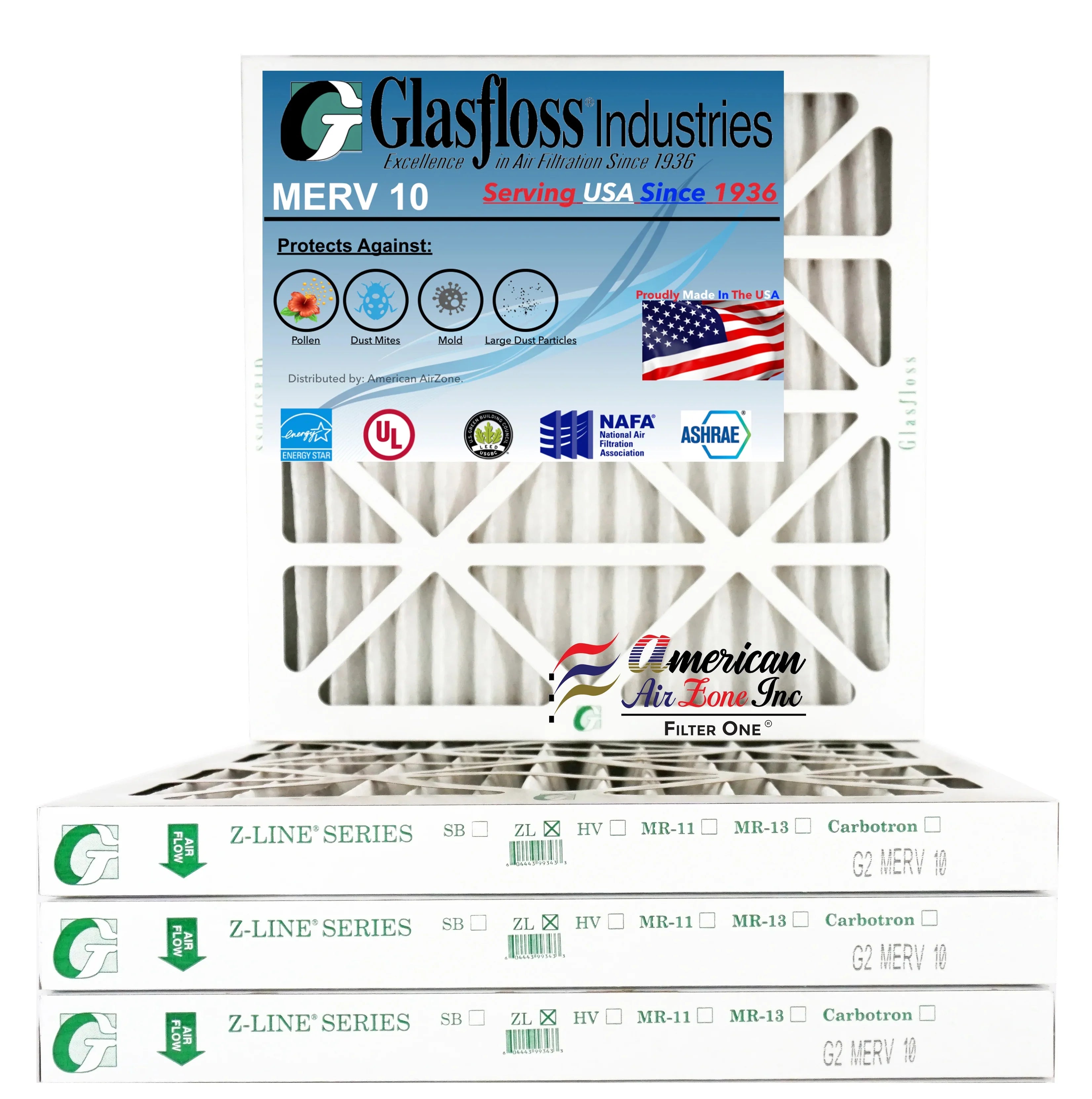 Glasfloss Air Filter 24x25x2 - 2" MERV 10 - (Pack of 4) - Pleated AC or HVAC Air Filter - Furnace Air Filter - Home or Office - Made In The USA.