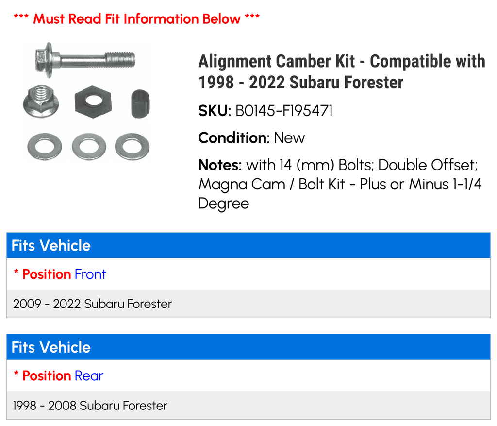 People Camber Kit - Compatible with 1998 - 2022 Subaru Forester 1999 2000 2001 2002 2003 2004 2005 2006 2007 2008 2009 2010 2011 2012 2013 2014 2015 2016 2017 2018 2019 2020 2021