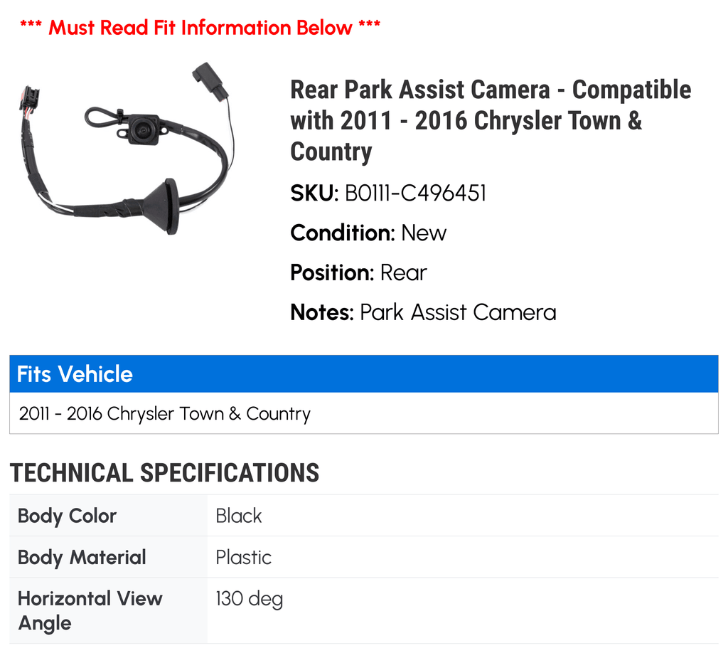 Rear Park Assist Camera - Compatible with 2011 - 2016 Chrysler Town & Country 2012 2013 2014 2015