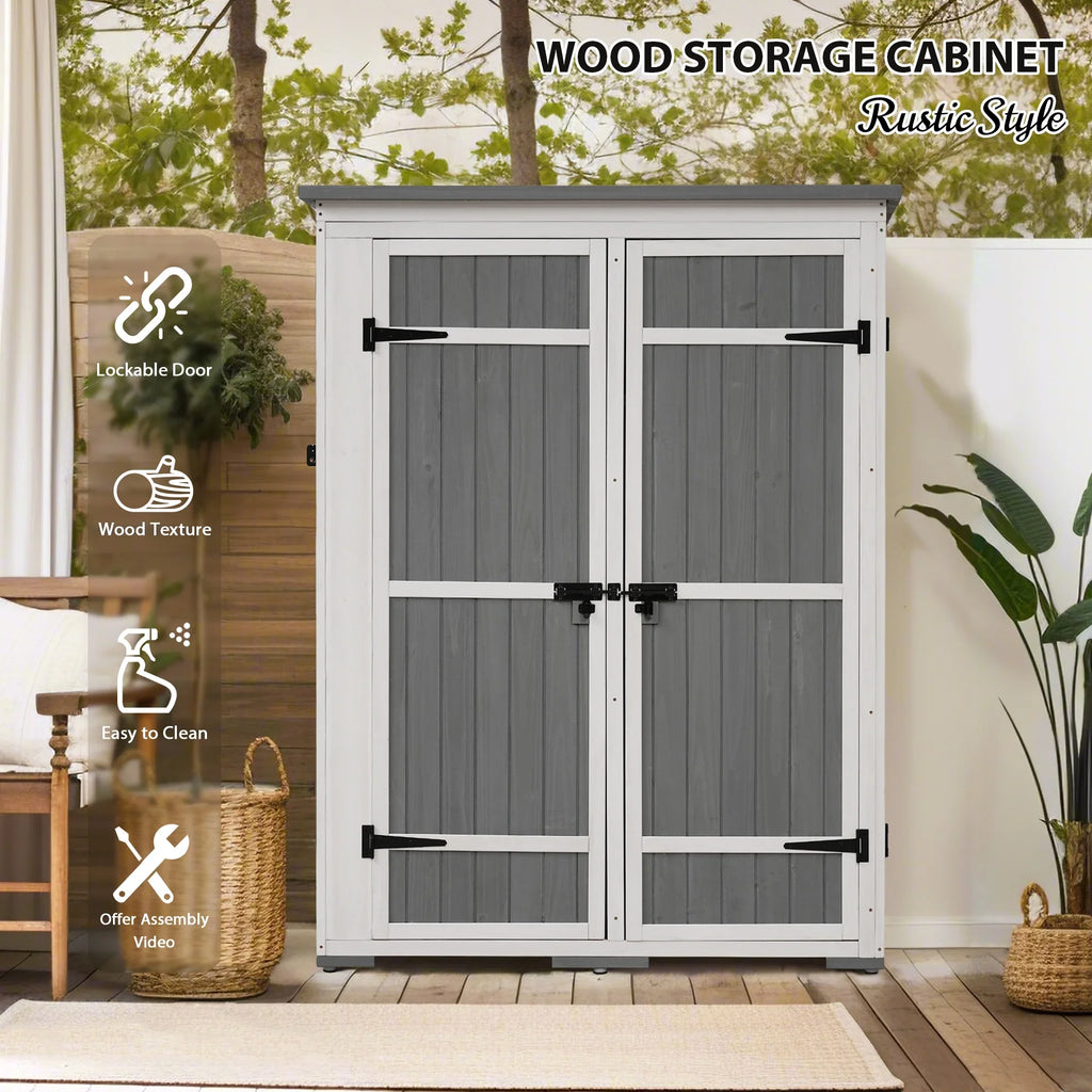 Homiyad Outdoor 5.5ft Hx4.1ft L Wood Storage Shed, Garden Tool Cabinet with Waterproof Asphalt Roof, Four Lockable Doors, Multiple-Tier Shelves, White and Gray