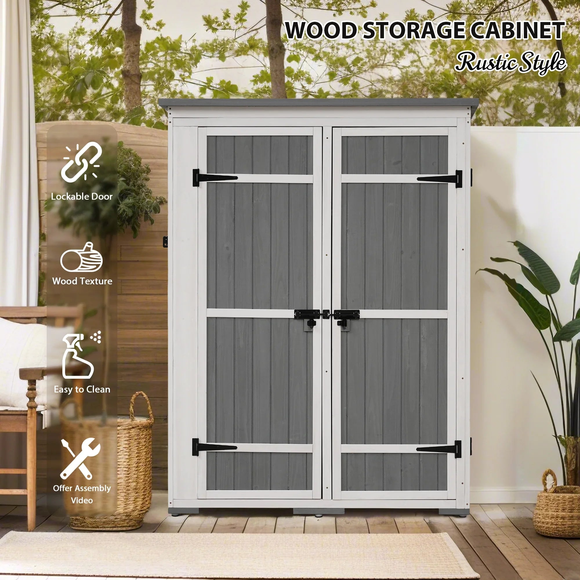 Homiyad Outdoor 5.5ft Hx4.1ft L Wood Storage Shed, Garden Tool Cabinet with Waterproof Asphalt Roof, Four Lockable Doors, Multiple-Tier Shelves, White and Gray