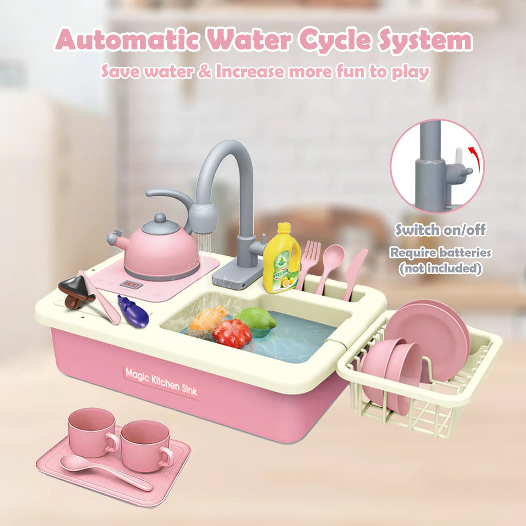 Richgv Edge Play Kitchen Sink Toys with Running Water, 23PCS Electric Water Sink Toy with Play Induction Cooker Play Cutting Food, Kids Kitchen Role Play Toys for Boys Girls
