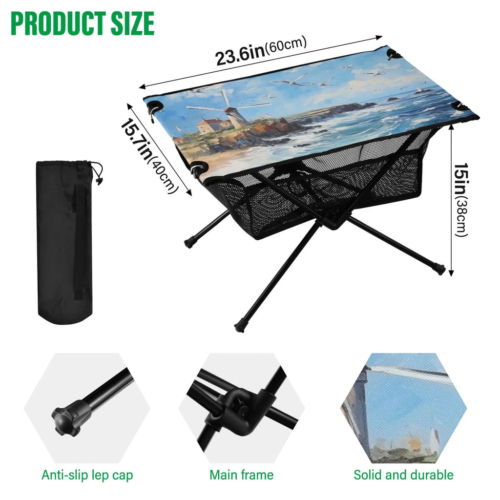 Landscape Paint Camping Foldable Portable Table Beach Table with Storage Bag Compact Picnic Table for Outdoor Hiking Fishing BBQ