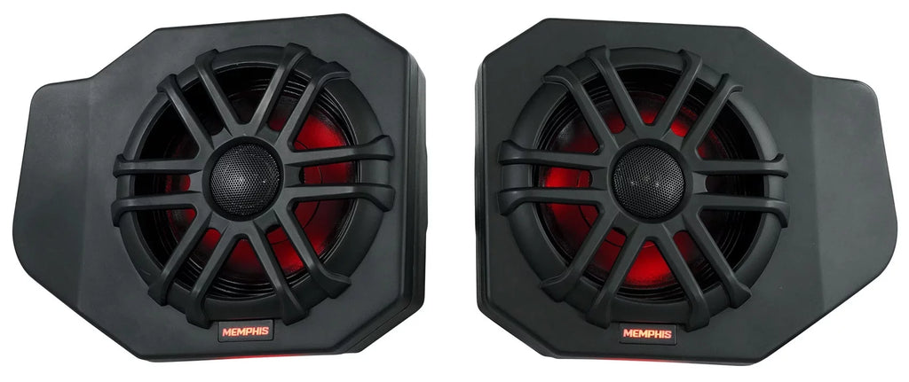Pair Memphis Audio RNGR65FE Pods+LED Tower Speakers+Amp For 2018+ Polaris Ranger