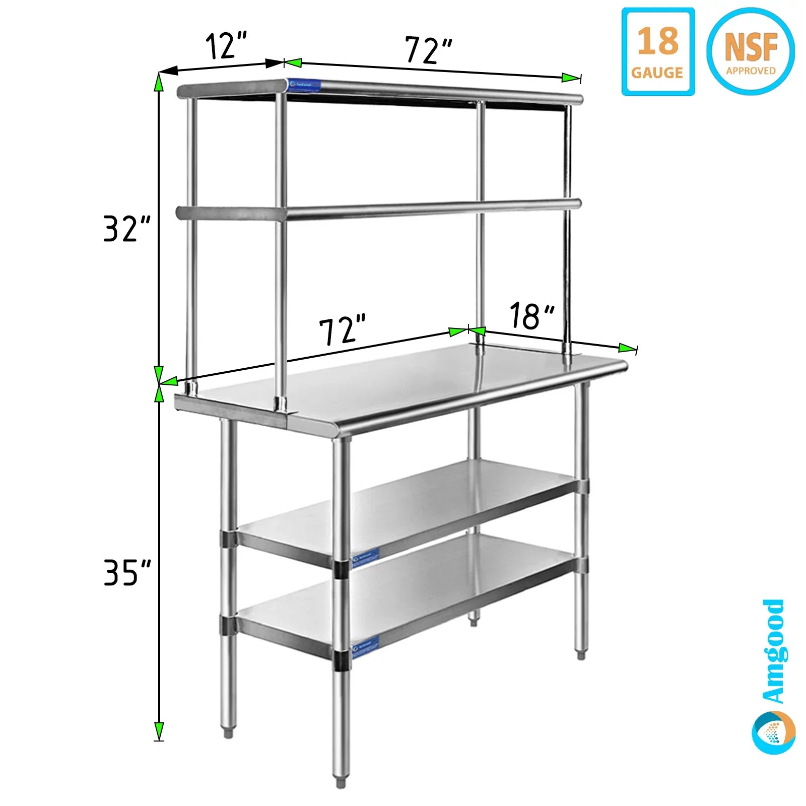 18" x 72" Stainless Steel Work Table With Two Shelves | 12" Wide Double Tier Overshelf | Metal Kitchen Prep Table & Shelving Combo
