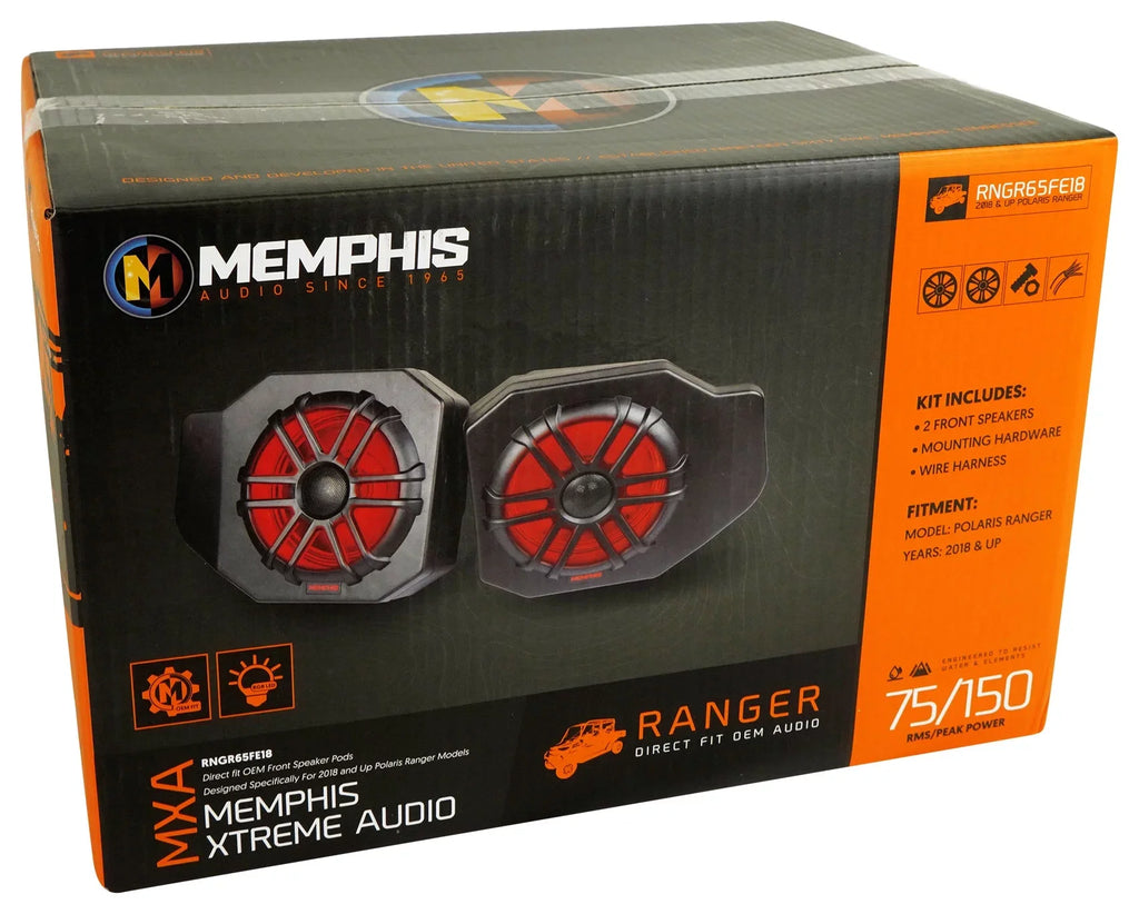 Pair Memphis Audio RNGR65FE Pods+LED Tower Speakers+Amp For 2018+ Polaris Ranger