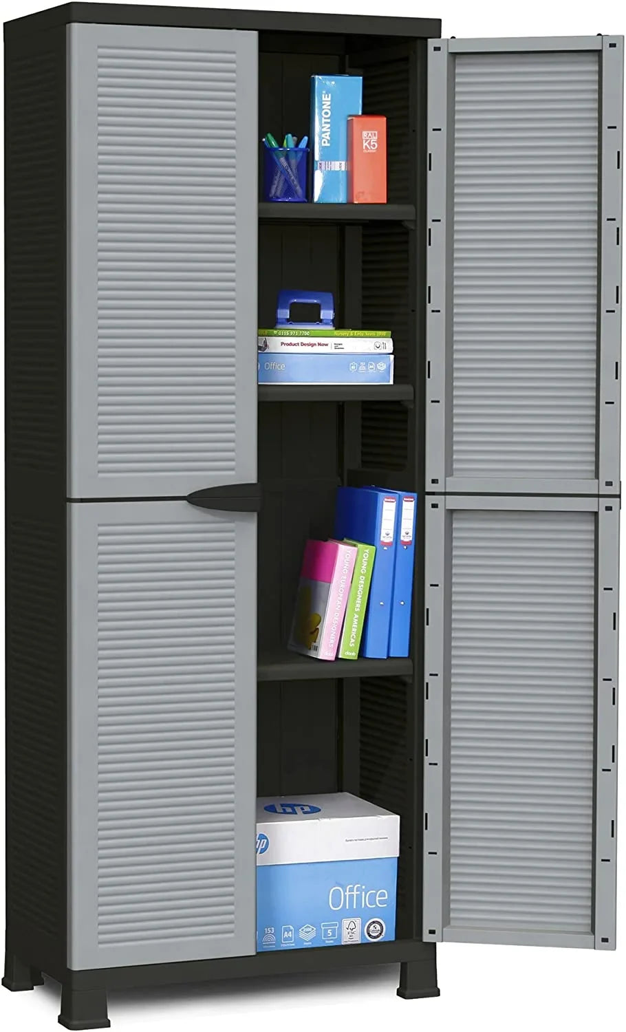 Prestige Utility Adjustable 3 Shelf Tool Organizing Storage Cabinet With Lockable Double Doors For Indoor And Outdoor Use, Gray