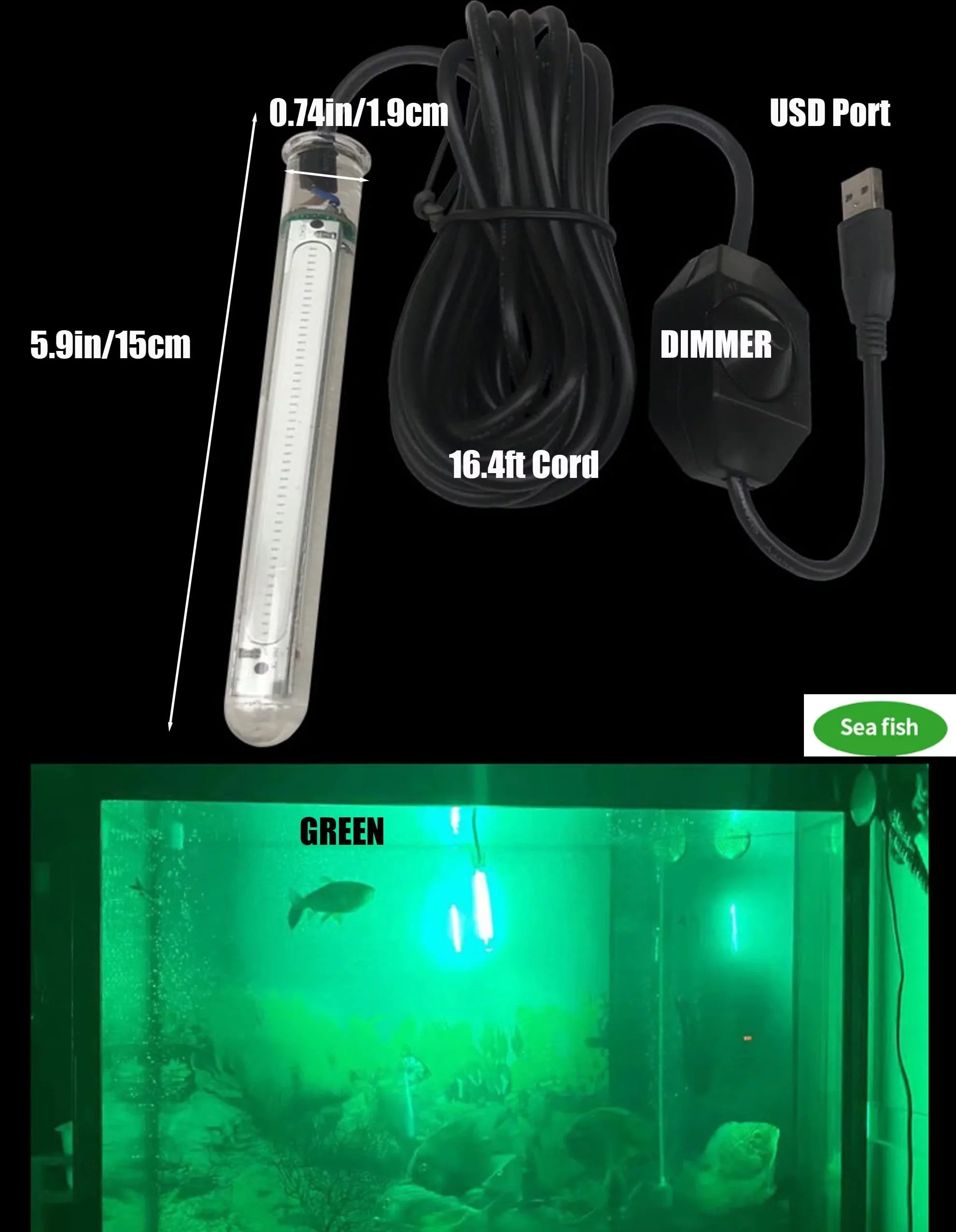 FSLiving USB LED Charging 5V Underwater Fishing Light Fish Attracting Light,Night Fishing Light Portable Dimmable Submersible Fishing Light 20W Finder for Camping 16.4ft - Green